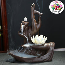 Load image into Gallery viewer, Zen Buddha Hand Incense Burners Backflow Incense Burner Holder Lotus Home Decor Joss Stick Aroma Tower Censer With20PCS Cones