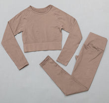 Load image into Gallery viewer, Peeli Ribbed Seamless Yoga Set Sport Suit Workout Clothes for Women Long Sleeve Gym Crop Top High Waist Leggings Fitness Set