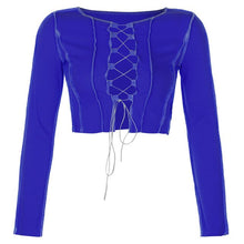 Indlæs billede til gallerivisning Striped Ribbed Lace Up Tie Front Top Women Long Sleeve Hollow Out T Shirts Fashion Autumn 2021 Spring Bodycom Club Party Tees