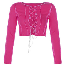 Indlæs billede til gallerivisning Striped Ribbed Lace Up Tie Front Top Women Long Sleeve Hollow Out T Shirts Fashion Autumn 2021 Spring Bodycom Club Party Tees