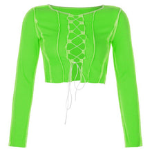 Indlæs billede til gallerivisning Striped Ribbed Lace Up Tie Front Top Women Long Sleeve Hollow Out T Shirts Fashion Autumn 2021 Spring Bodycom Club Party Tees