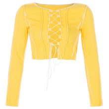 Indlæs billede til gallerivisning Striped Ribbed Lace Up Tie Front Top Women Long Sleeve Hollow Out T Shirts Fashion Autumn 2021 Spring Bodycom Club Party Tees