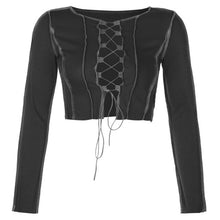 Indlæs billede til gallerivisning Striped Ribbed Lace Up Tie Front Top Women Long Sleeve Hollow Out T Shirts Fashion Autumn 2021 Spring Bodycom Club Party Tees