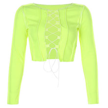 Indlæs billede til gallerivisning Striped Ribbed Lace Up Tie Front Top Women Long Sleeve Hollow Out T Shirts Fashion Autumn 2021 Spring Bodycom Club Party Tees