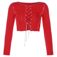 Indlæs billede til gallerivisning Striped Ribbed Lace Up Tie Front Top Women Long Sleeve Hollow Out T Shirts Fashion Autumn 2021 Spring Bodycom Club Party Tees