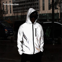 将图片加载到图库查看器，Plus Size 4XL Men Spring Autumn full reflective Windbreaker waterproof Jacket male High street hip hop Loose Hooded Coats
