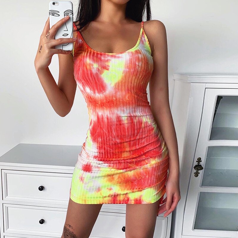 Tie-dye Neon Print Bodycon Mini Dresses Womens Street Fashion Beach Leisure Vacation Dress 2020 Summer New Mujer Sling Hot Dress