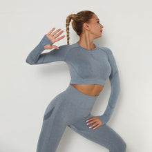 将图片加载到图库查看器，Women Seamless Yoga Set Fitness Sports Suits Gym Clothing Long Sleeve Crop Top Shirts High Waist Running Leggings Workout Pants
