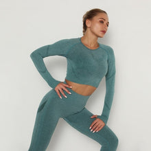 Načíst obrázek do prohlížeče Galerie, Women Seamless Yoga Set Fitness Sports Suits Gym Clothing Long Sleeve Crop Top Shirts High Waist Running Leggings Workout Pants
