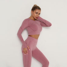 将图片加载到图库查看器，Women Seamless Yoga Set Fitness Sports Suits Gym Clothing Long Sleeve Crop Top Shirts High Waist Running Leggings Workout Pants
