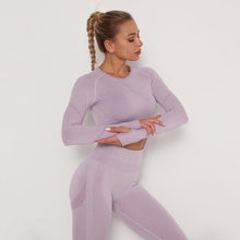 Afbeelding in Gallery-weergave laden, Women Seamless Yoga Set Fitness Sports Suits Gym Clothing Long Sleeve Crop Top Shirts High Waist Running Leggings Workout Pants
