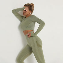 이미지를 갤러리 뷰어에 로드 , Women Seamless Yoga Set Fitness Sports Suits Gym Clothing Long Sleeve Crop Top Shirts High Waist Running Leggings Workout Pants
