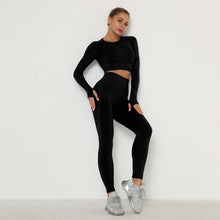 将图片加载到图库查看器，Women Seamless Yoga Set Fitness Sports Suits Gym Clothing Long Sleeve Crop Top Shirts High Waist Running Leggings Workout Pants
